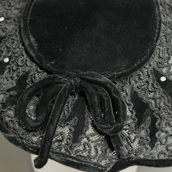 VTG Black Velvet and Lace Hat Rhinestones Wide Brim Saucer Cocktail - Picture 6 of 9
